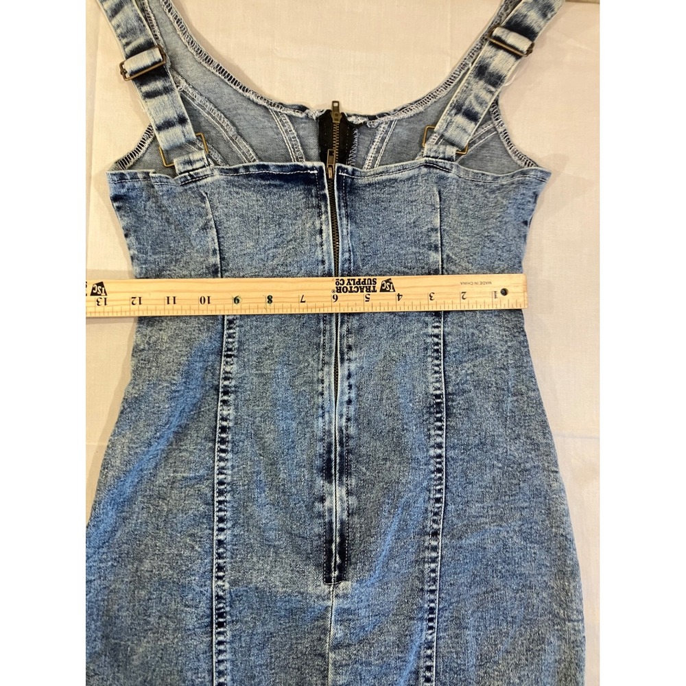 Womens Acid Wash Denim Bodycon Dress Blue Sleeveless Size Small Front Slit Zip - Picture 3 of 8
